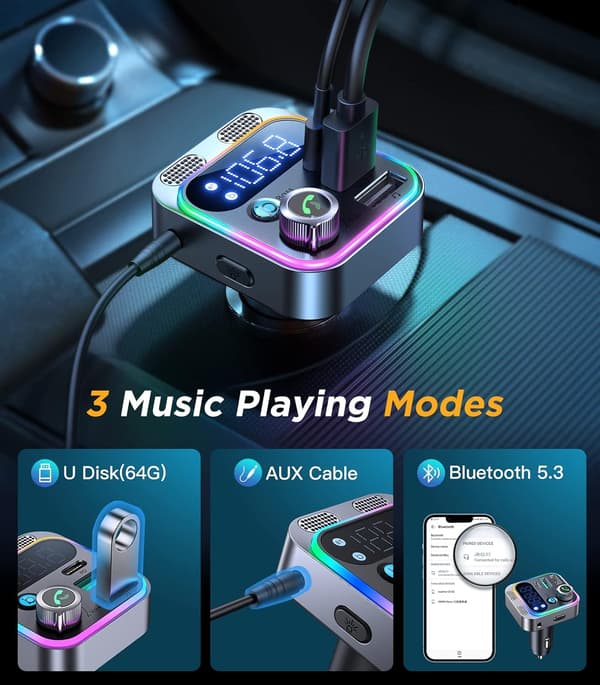 Bluetooth 5.3 FM-sender til bil med dobbelte mikrofoner 48W PD QC3.0 håndfri AUX og U-disk