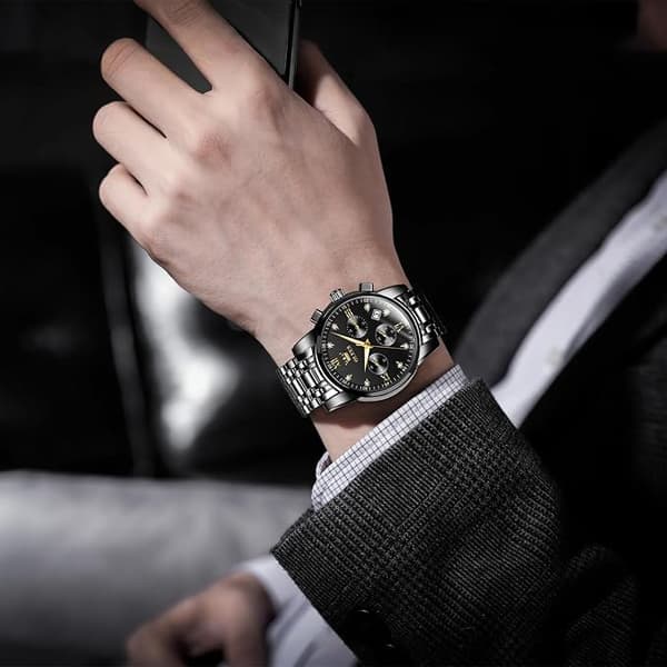 OLEVS Herr Kronografklocka Vattentät Multifunktionsurtavla med Datum Diamantklockor för Män Black Dial/Black Band