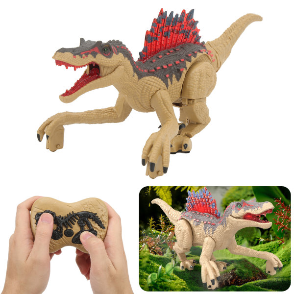 Remote Control Dinosaur Toy Realistic 2.4G Electric Remote Control Simulation Spinosaurus Model Toy for Kids Boys Girls Khaki Dual Battery