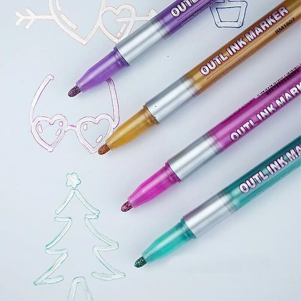8 Farvede Metallic Dobbeltstregs Doodle Kunst Tegne Kontur Pen Sæt Nyt