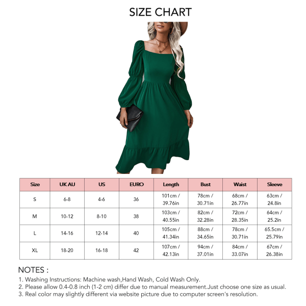 Naisten lyhtyhihainen mekko, neliömäinen kaula-aukko, joustava selkäosa, röyhelöommel, yksivärinen A-linjainen rento, laskeutuva mekko, vihreä, XL