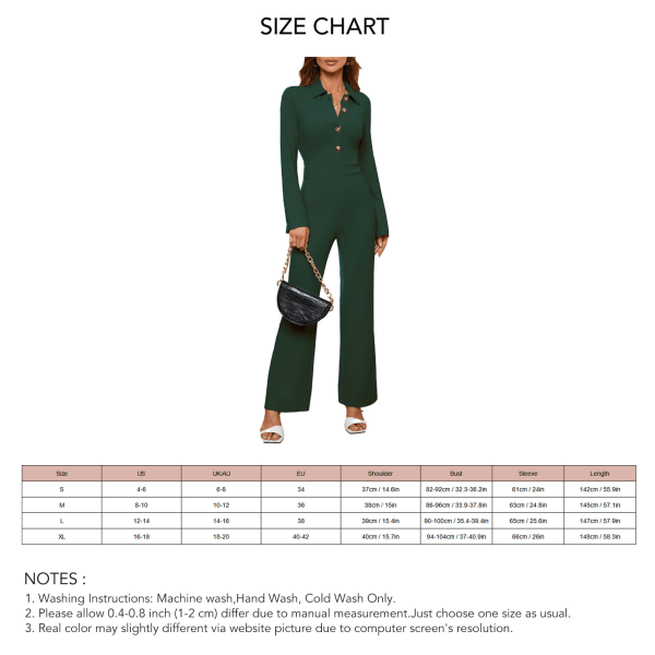 Women Jumpsuit Fashionable Straight Leg Trousers Button Turn Down Collar Pure Color Jumpsuit M Green