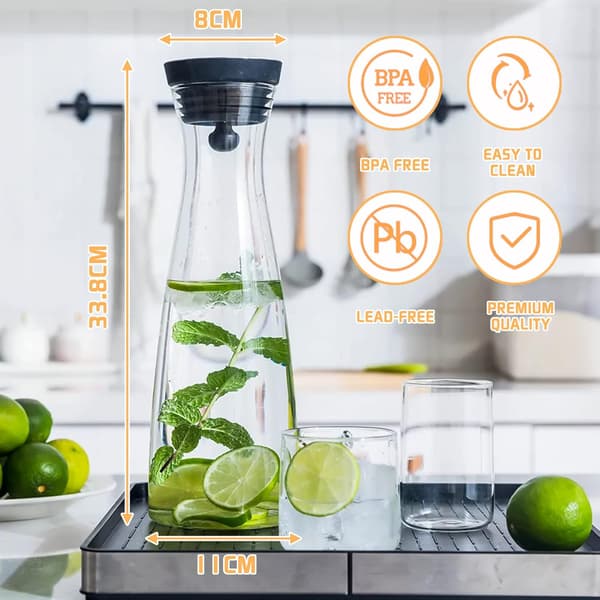 Glaskaraffel 1200 ml vandkande med silikonelåg til drikkevarer Transparent Sort