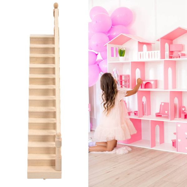 Nukkekodin portaat kiiltävät pyöristetyt kulmat koivu materiaali DIY elinvoimainen söpö 1/12 mittakaava miniatyyri portaikko käsitöilleRight