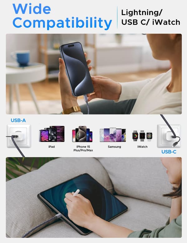 Oppgradert 3-i-2 USB C-kabel for Apple Watch-lader iPhone-lader USB C Multi hurtigladekabel