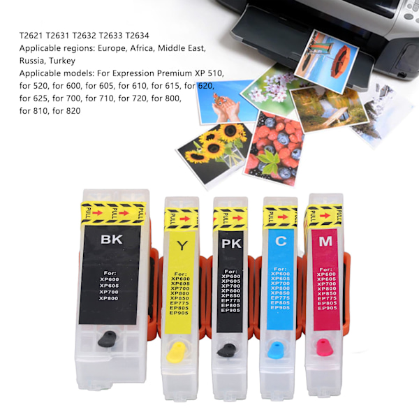5 stk. printerpatroner med permanent chip stabil 5 farver refill patroner sæt BK PK C M Y T2621 T2631 T2632 T2633 T2634