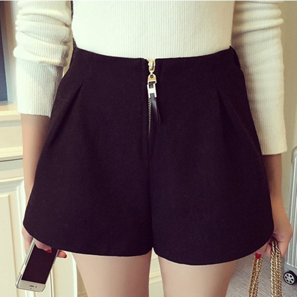 Fashionable Women Loose Short Pants Wide Leg Woolen Shorts (Black, XL)