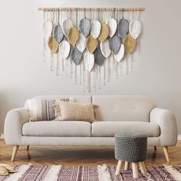 Makrame Väggbonad Stor Gobeläng Vävd Boho Makrame Blad Väggdekoration Fjäder Chic Vävd Konst