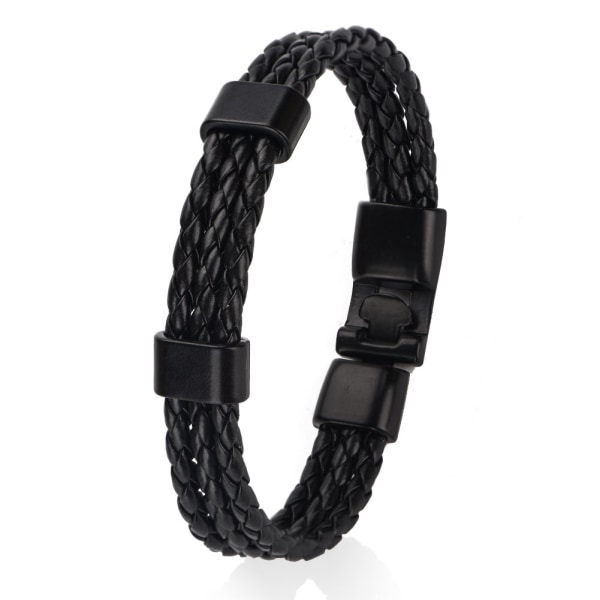 Herr Man PU Rem Armband Legering Spänne Stickad Stickad Flerskikts Armband Armband (Svart)