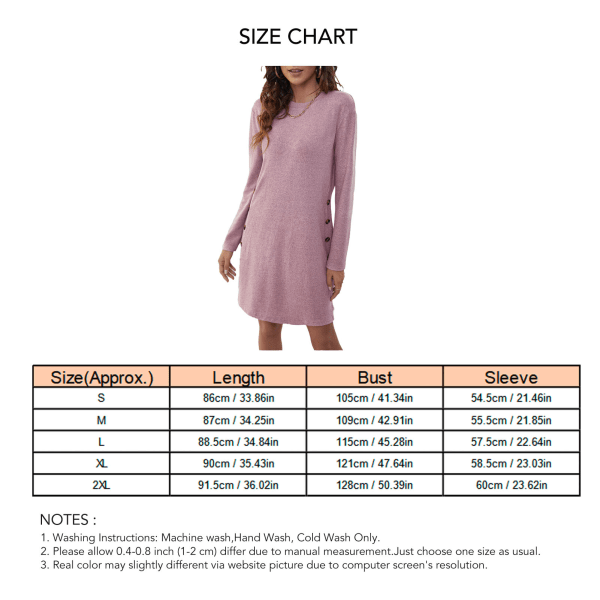 Kvinder Kjole Midi One Piece Rund Hals Langærmet Ren Farve Løs Lige Til Hjemmet Kontor Pink 2XL