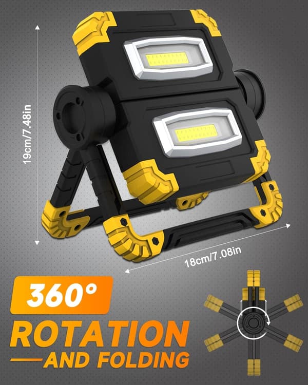 Oppladbar LED-flomlys 3 moduser 2 COB LED-er 360 rotasjon 1400LM for garasje
