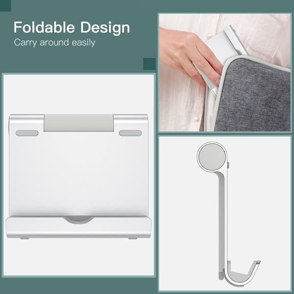 Sammenfoldelig justerbar tablet-holder til skrivebord, kompatibel med 4-12,9 tommer enheder, sølv