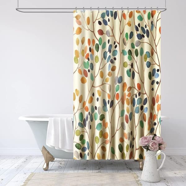 Beige Duschdraperi med Botaniskt Mönster 180x200 cm Mögelresistent 12 Krokar