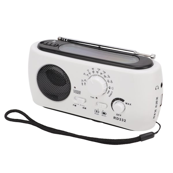 Aurinkokäyttöinen käsikampi AM/FM-radio LED-taskulampulla ja hätäpuhelimen laturella