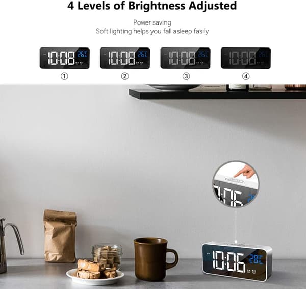 Digital väckarklocka med stor LED-temperaturdisplay Bärbar spegelväckarklocka Silver