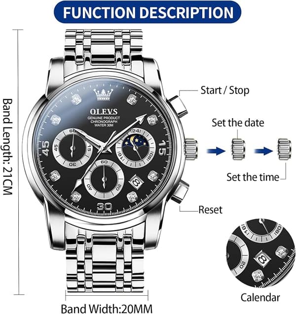 OLEVS Herr Kronografklocka Vattentät Multifunktionsurtavla med Datum Diamantklockor för Män Black Dial/Silver Band