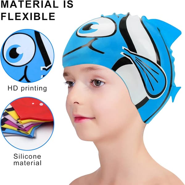 2-pack barn tecknad fisk badmössor elastiska vattentäta stretchiga för flickor pojkar blå gul