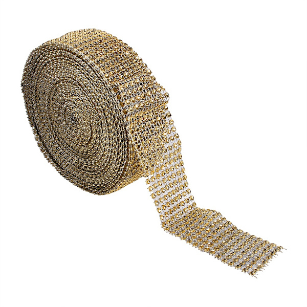 10 meter diamantnätband bröllopstårtor ljus warp strass kristall guld