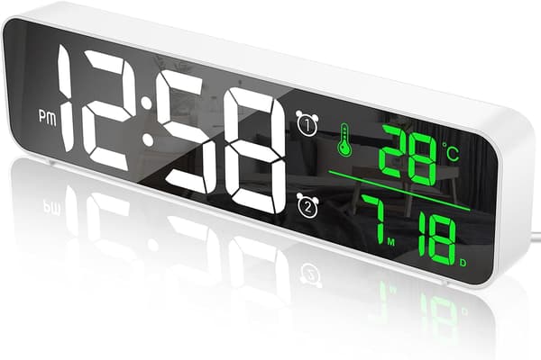 Digital väckarklocka LED spegelväggklocka stor display 2 larm 40 musik vit