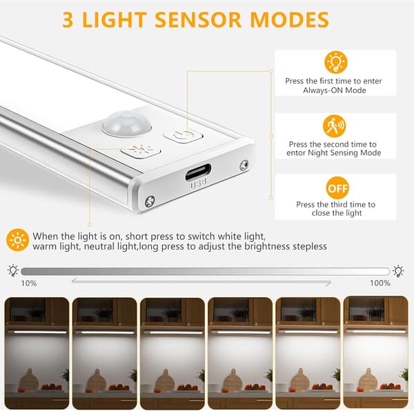 Underskåpsbelysning Kök 3 Färger Dimbar 32 LED Rörelsesensorlampor Inomhus 1000mAh USB C Uppladdningsbar 30cm 2-pack 20cm