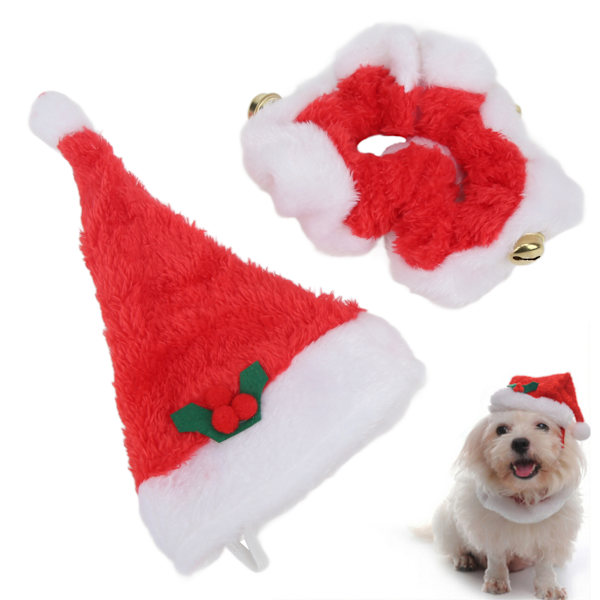 2 set hundjulhatt krage tomte katt kostymer med klockor för katter små hundar