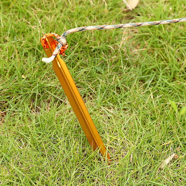 4 st/förpackning 18 cm aluminiumlegering utomhus camping markspikar tältpinnar med rep (guld)