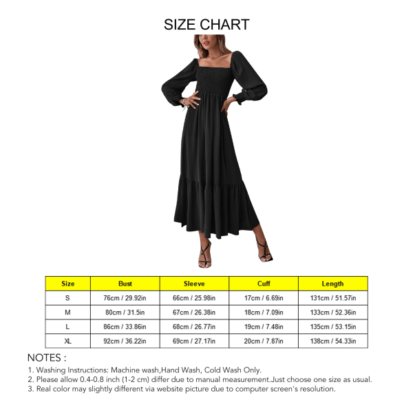 Women Maxi Dress Square Neck Stretch Bust Long Lantern Sleeves Ruffle Hem Open Back High Waist Temperament Maxi Dress Black L