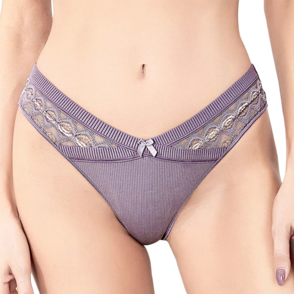 Women Thongs Hollowed Out Panties T Back Low Waist Panties Comfortable Lace Thong with Bow Dark Purple L