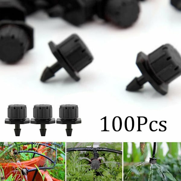 100 stk. 8 Dyser Drypbesvanding 1/4 tommer 360 Grader Justerbar Have Dryp Sprinkler Sort