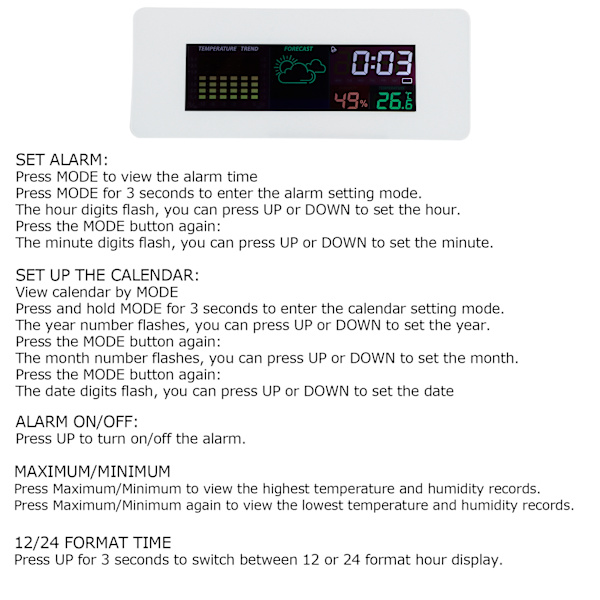 Multifunktion indendørs termometer hygrometer ur med kalender alarmfunktion 12/24H format