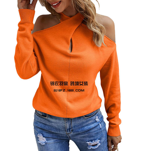 Dam V-ringad tröja kall axel tröja casual drop axel tröja lös stickad långärmad pullover orange XL