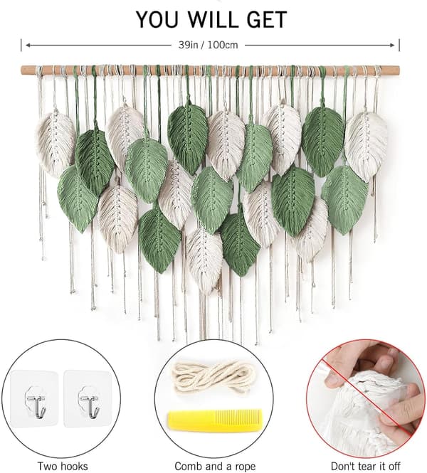 Makrame Väggbonad Stor Gobeläng Vävd Boho Makrame Blad Väggdekoration Fjäder Chic Vävd Konst