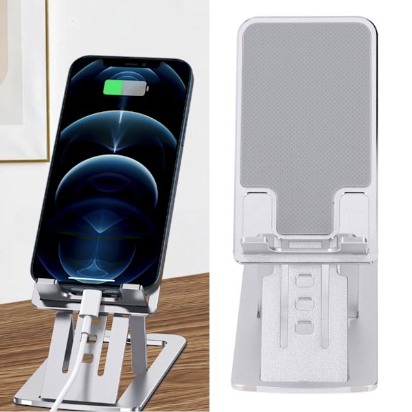 Telefonhållare Fällbar Bärbar Ergonomisk 7 Vinkeljusteringar Botten Silikon Aluminiumlegering Tablet Hållare Silver