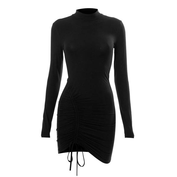 Kvinnor Ruched Bodycon Klänning Fashionabel Elegant Ren Färg Långärmad Dragsko Klänning för Semesterfest Svart M