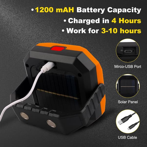Solar Oppladbar LED Flomlys 3 Moduser Bærbar Arbeidslampe med USB Oransje