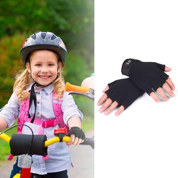 Ett par halvfingerhandskar för barn, fri storlek polyester, sporthandskar för cykling bergsbestigning svart