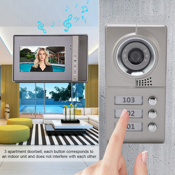 3 Lejlighedsenheder 7 tommer Videodørtelefon Intercom Dørklokke IR Kamera Indgangssystem (AU 110V‑240V)