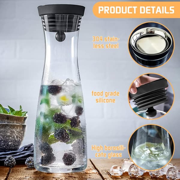 Glaskaraffel 1200 ml vandkande med silikonelåg til drikkevarer Transparent Sort