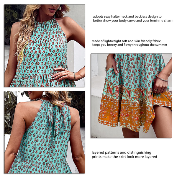 Halter Neck Dresses Sleeveless Boho Tiered Print Flowy Large Hem Casual Dress for Summer Green XL