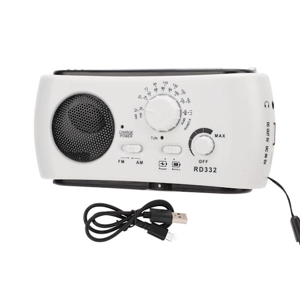 Aurinkokäyttöinen käsikampi AM/FM-radio LED-taskulampulla ja hätäpuhelimen laturella