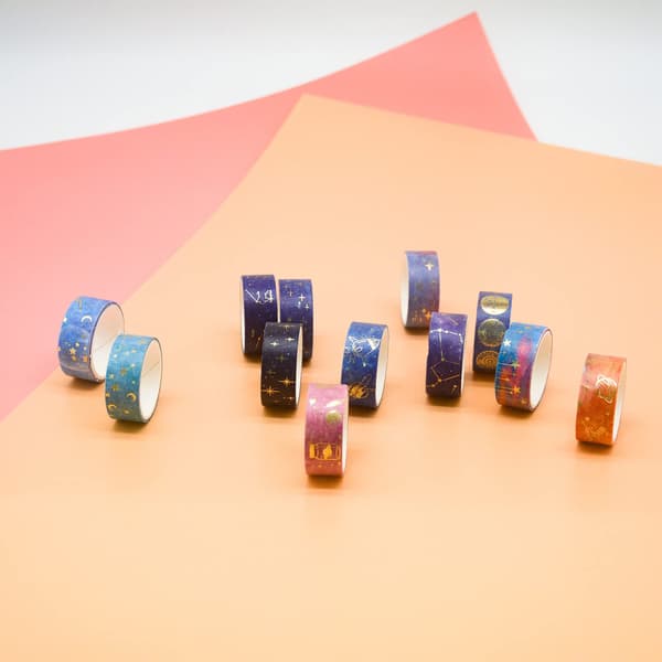 12-pack Washi-tejp, Lila Galaxy-sekvens, Pastell Scrapbooking-tejp, Estetisk Guldfolie-papperstejp, Dekaler, Perfekt för DIY