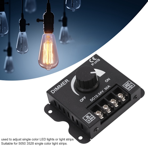 LED-dæmper, enkeltkanals PWM-belysningsstyring, trinløs dæmpningscontroller til 5050 3528 enkeltfarvede lyslister DC 12V-24V 30A
