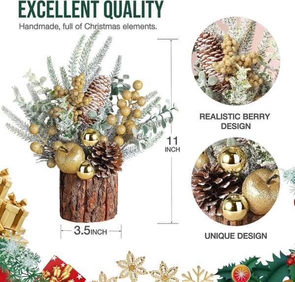 Litet julbordsträd med prydnader, kottar, bär, guld runt