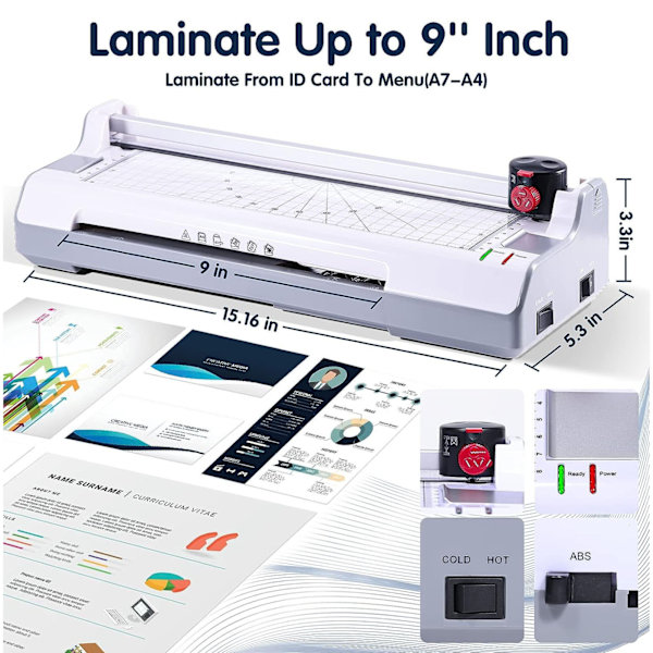 Laminatormaskin 9 tum A4 Termisk Varm Kall Laminering Maskin EU-kontakt 220-240V för Hem Skola Kontor
