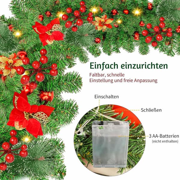 SHAVINGFUN Julekrans, julekrans med lys, 2,7M/9FT Julekransdekorasjoner belyst med LED (rød)