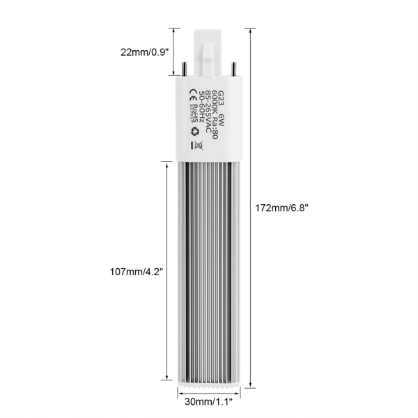 6W 2-polet LED kompakt lampe horisontal indbygget rør lyspære belysningsarmaturer G23 kølig hvid