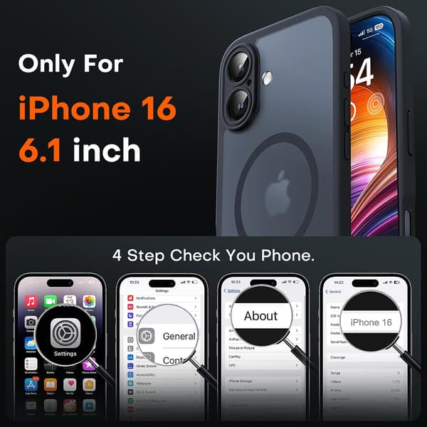 Magnetisk iPhone 16-cover med fuld kamerabeskyttelse, stødsikker, gennemsigtig mat bagside, sort