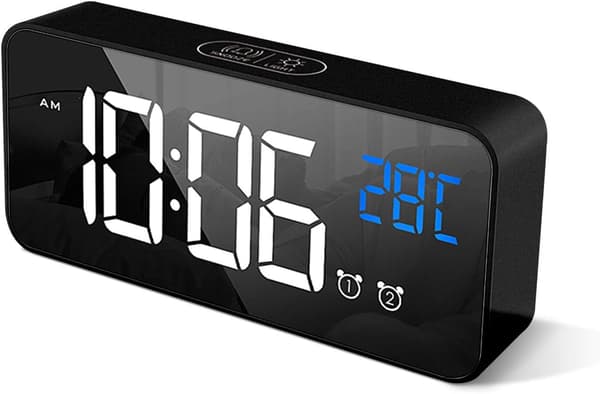 Digitalt vækkeur med stort LED temperaturdisplay, dobbelt alarm og snooze-timer
