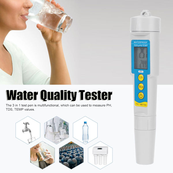 PH-986 3 i 1 Vattenkvalitetstestare PH/TDS/TEMP Testpenna Multifunktionell Bärbar Mätare