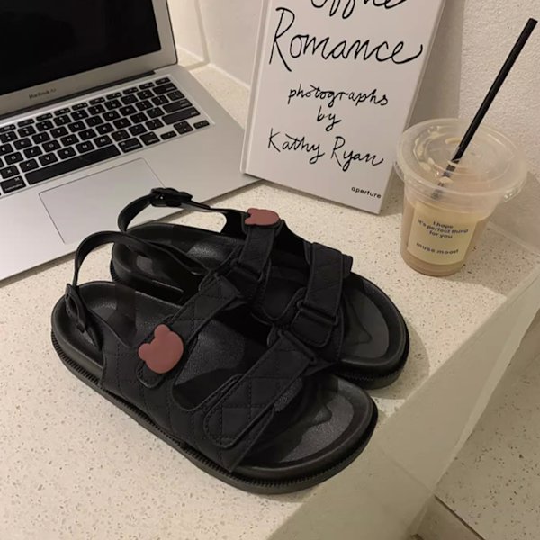 Dam öppna tå sandaler justerbar ankelrem casual halkfri plattform sommarsandaler svart 37